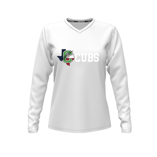 [CUS-DFW-TEES-PER-VNK-LSL-WHT-FYXS-LOGO3] Performance T-Shirt (Female Youth XS, White, V Neck, Logo 3, Long Sleeve)