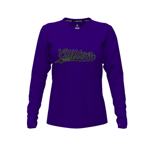 [CUS-DFW-TEES-PER-VNK-LSL-PUR-FYXS-LOGO2] Performance T-Shirt (Female Youth XS, Purple, V Neck, Logo 2, Long Sleeve)