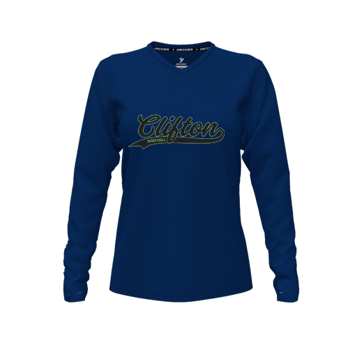 [CUS-DFW-TEES-CMF-VNK-LSL-NVY-FYXS-LOGO2] Comfort T-Shirt (Female Youth XS, Navy, V Neck, Logo 2, Long Sleeve)