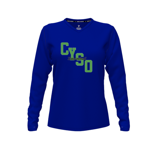 [FTLVCFRY-FYXS-LOGO1] Decker Comfort T-Shirt (Female Youth XS, Royal, V Neck, Logo 1, Long Sleeve)