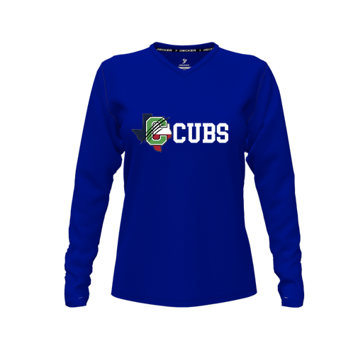 [CUS-DFW-TEES-CMF-VNK-LSL-RYL-FYXS-LOGO3] Decker Comfort T-Shirt (Female Youth XS, Royal, V Neck, Logo 3, Long Sleeve)