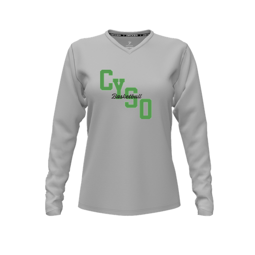 [CUS-DFW-TEES-CMF-VNK-LSL-GRY-FYXS-LOGO1] Decker Comfort T-Shirt (Female Youth XS, Gray, V Neck, Logo 1, Long Sleeve)