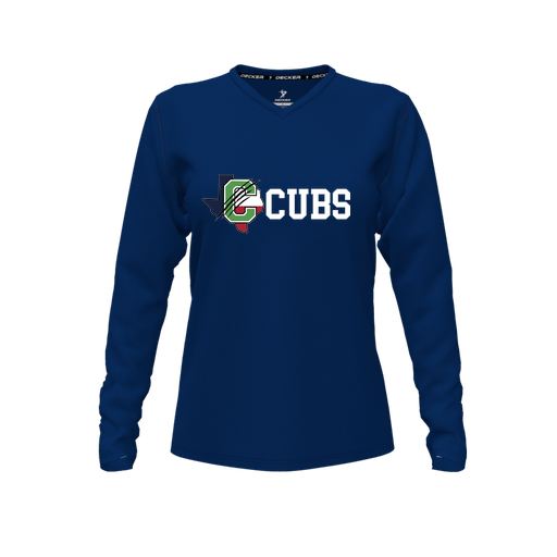 [CUS-DFW-TEES-PER-VNK-LSL-NVY-FYXS-LOGO3] Decker Performance T-Shirt (Female Youth XS, Navy, V Neck, Logo 3, Long Sleeve)