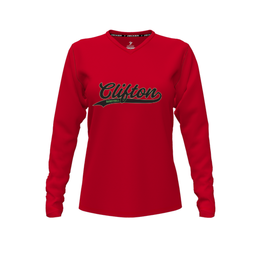 [FTLVPTRD-FYXS-LOGO2] Decker Performance T-Shirt (Female Youth XS, Red, V Neck, Logo 2, Long Sleeve)
